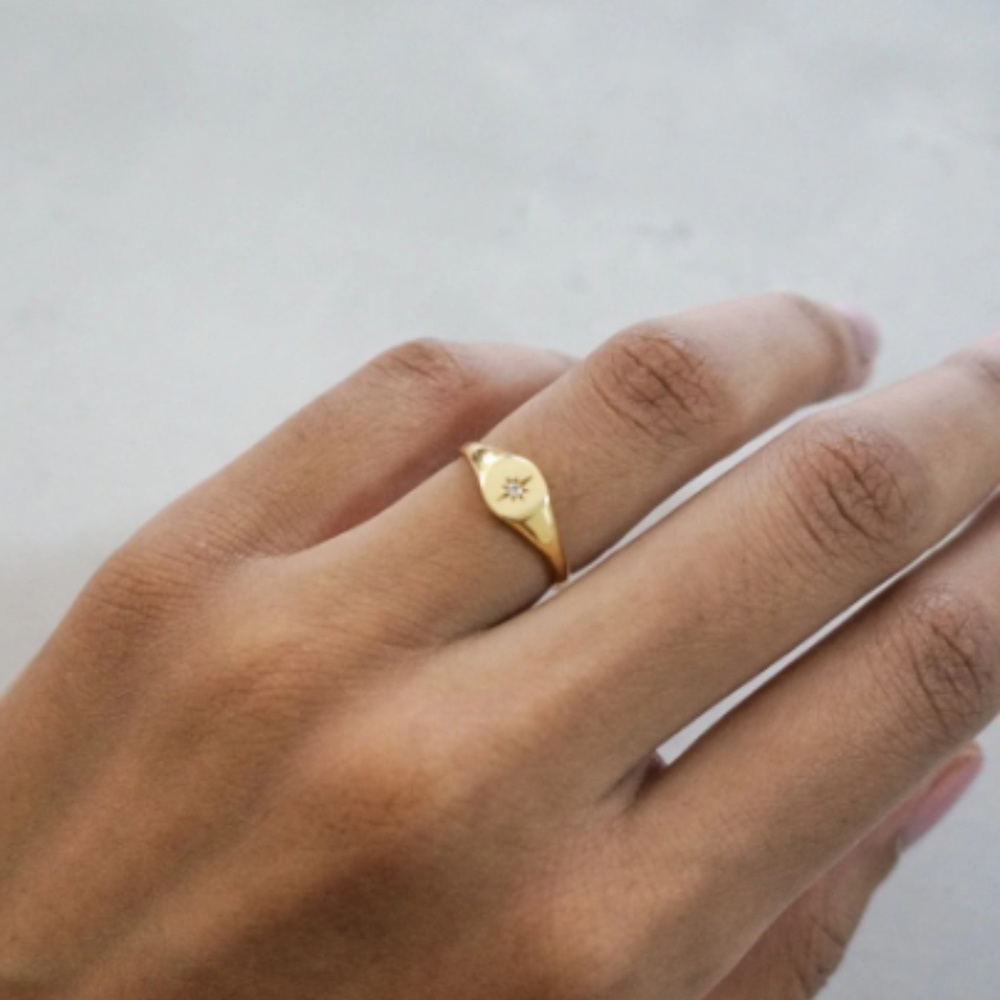 Diamond CZ Gold Signet Dainty Statement Ring - Picture 2 of 5